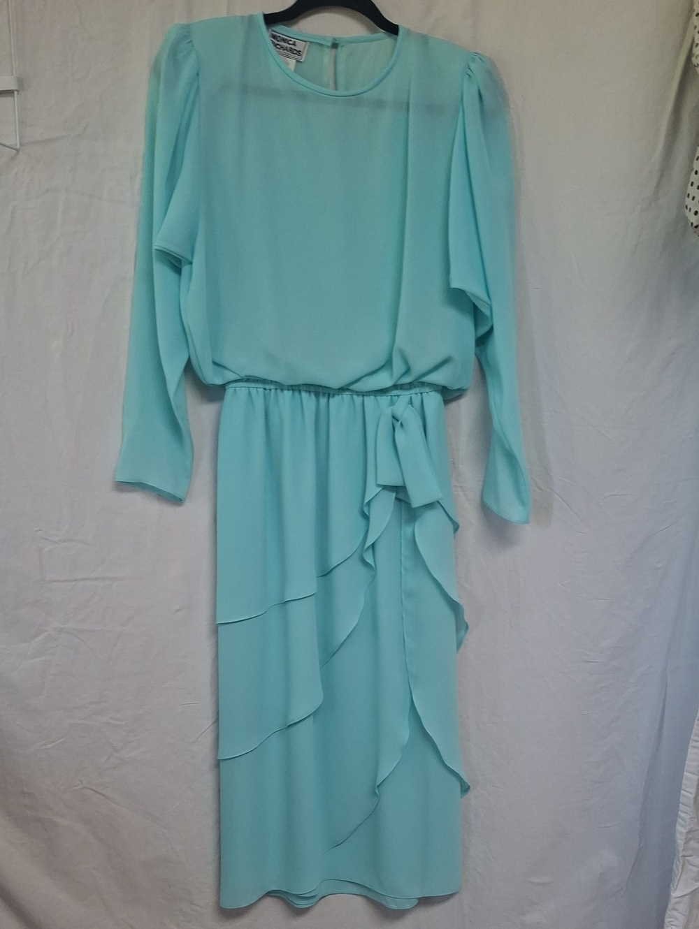 Vtg 80s Monica Richards Aqua Chiffon Ruffle Blouson Midi Dress Padded Shoulder